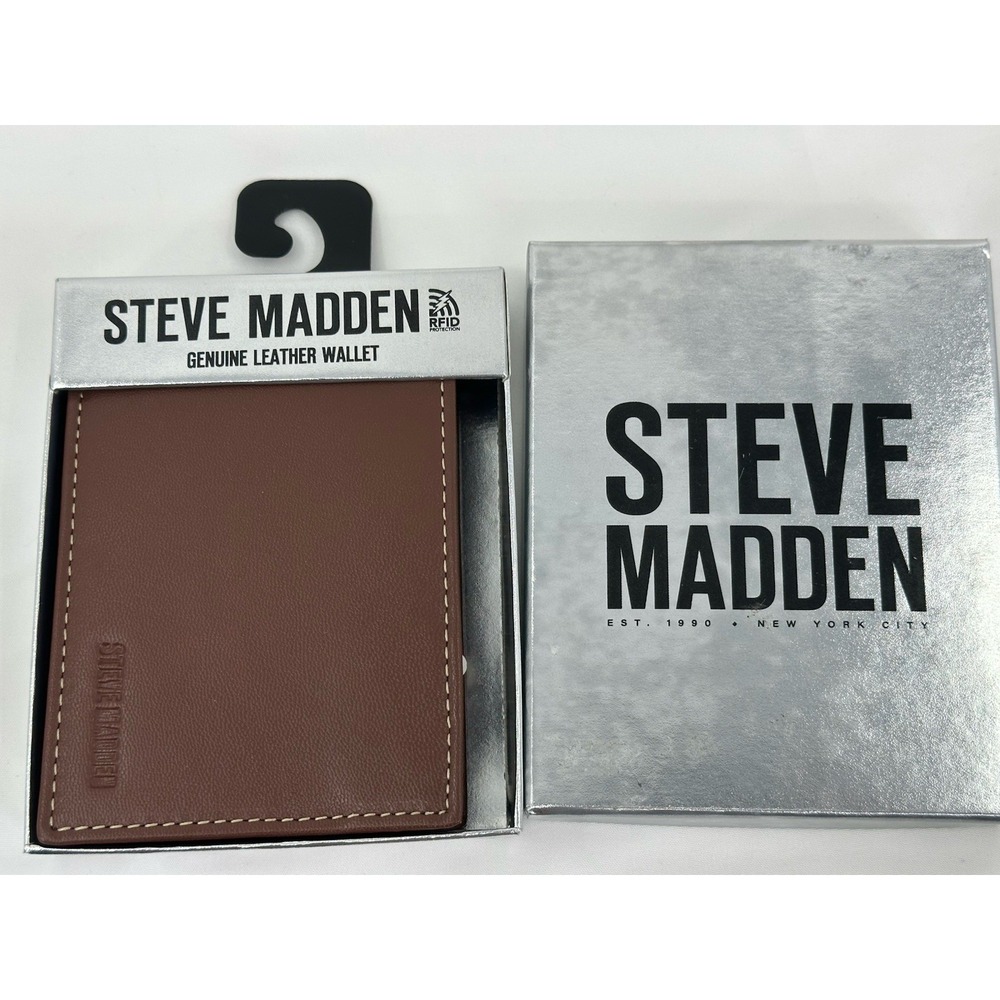 Steve Madden Billfold Brown Leather Wallet With Back RFID New In Box